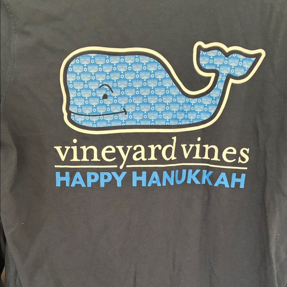 Vineyard Vines Black Tee with Blue Menorah Whale